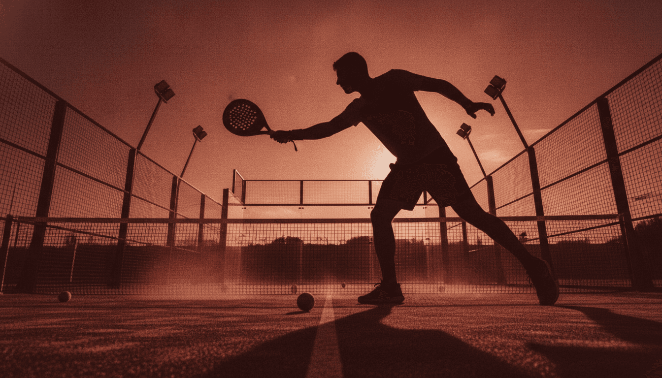 Silhouette of a padel player mid-swing on court at dusk